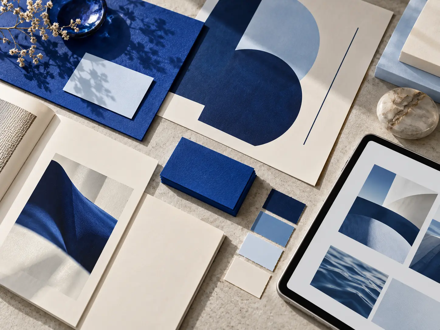 Blue brand materials, color swatches and digital layouts arranged on a creative desk