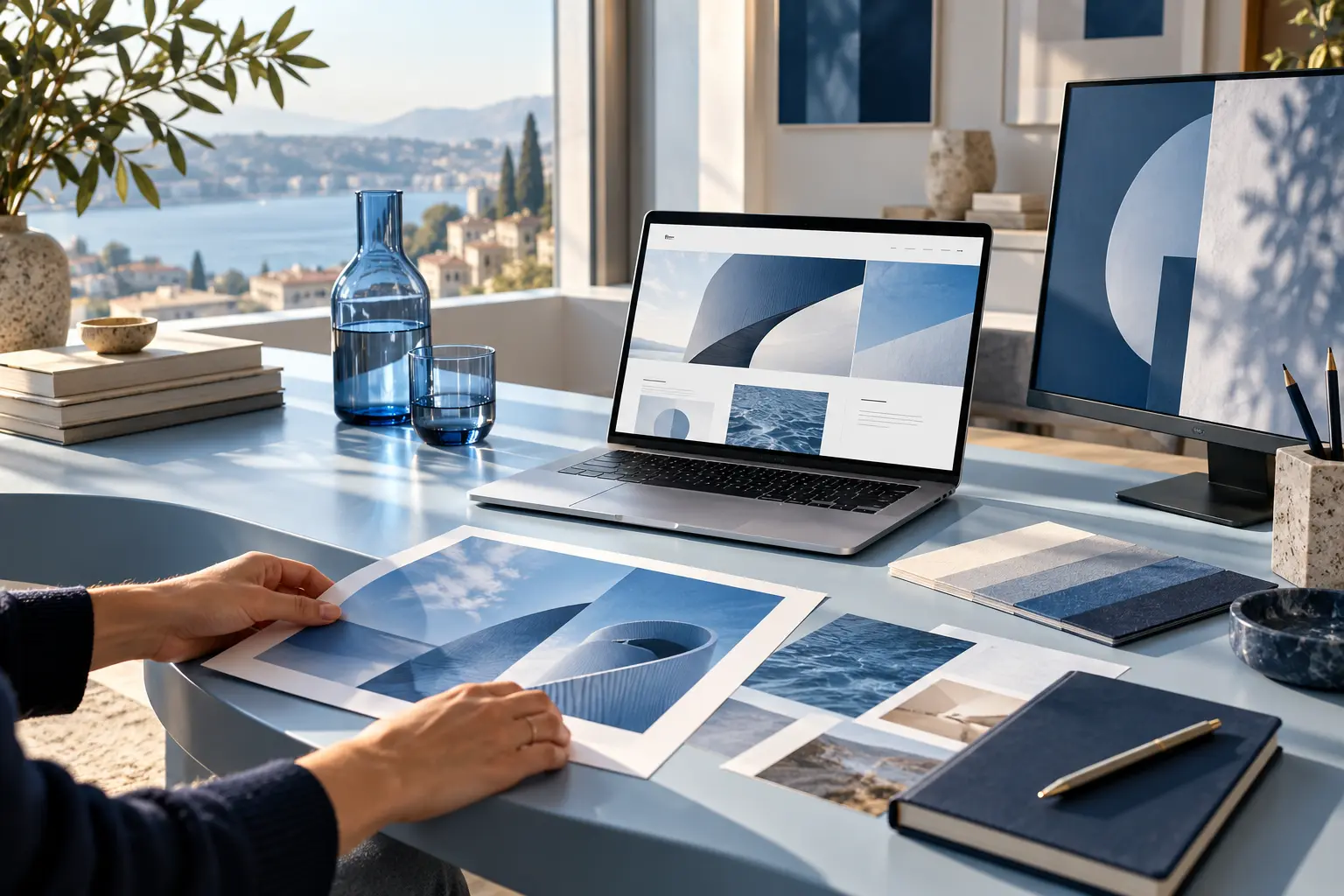 A sunlit creative workspace with a website on a laptop and coordinated blue design materials